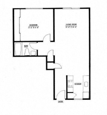 Floor plan for 1 bed, 1 bath, 596 sqft